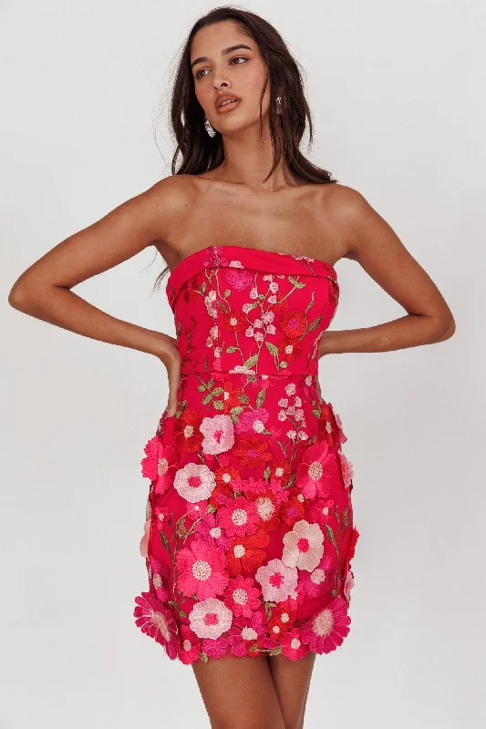 Printed mini dresses for a casual day out Flora Day Strapless Floral Embellished Mini Dress Fuchsia Printed mini dresses for a casual day out Flora Day Strapless Floral Embellished Mini Dress Fuchsia