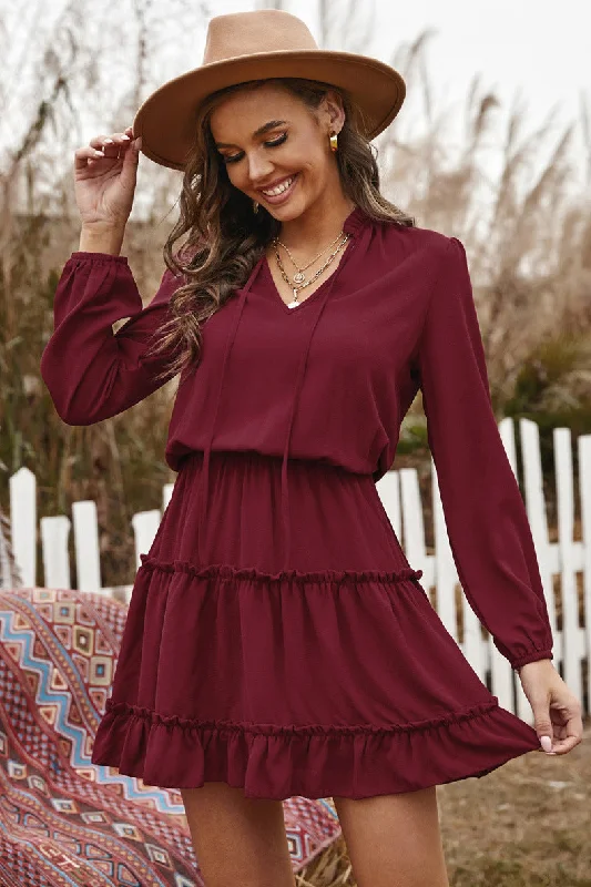 Printed mini dresses for a casual day out Dillon Ruffle Trim Dress - Burgundy