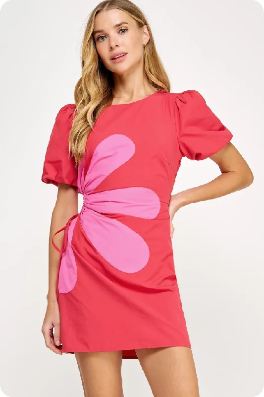 Mini dresses with puff sleeves for a vintage look Junie Daisy Puff Sleeve Mini Dress in Red Pink Mini dresses with puff sleeves for a vintage look Junie Daisy Puff Sleeve Mini Dress in Red Pink