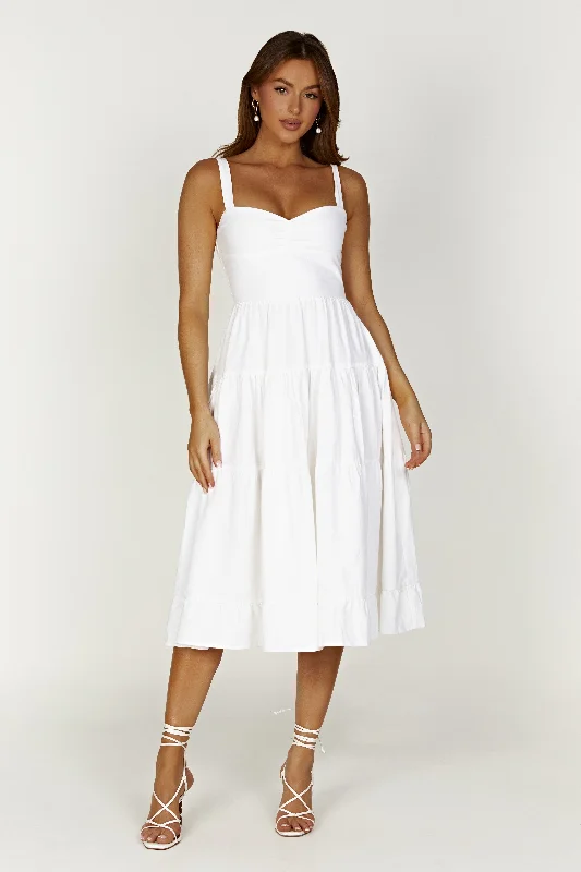 Plaid midi dresses for a fall - themed family gathering Adriana Linen Midi Dress - White Plaid midi dresses for a fall - themed family gathering Adriana Linen Midi Dress - White