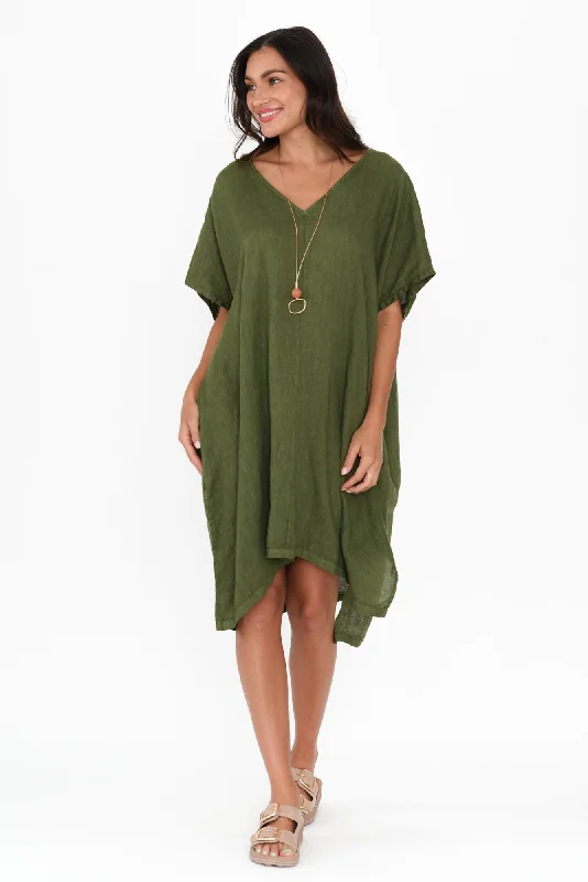 Midi dresses with satin - finish fabrics for a luxurious feel Oraya Dark Green Linen Kaftan Midi dresses with satin - finish fabrics for a luxurious feel Oraya Dark Green Linen Kaftan