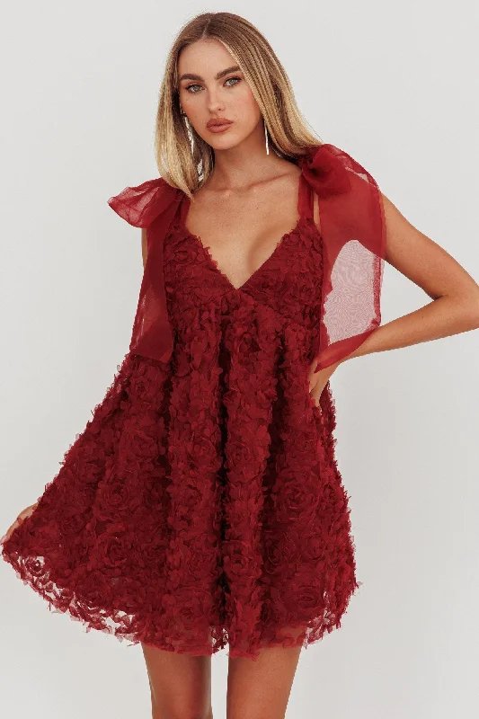 Mini dresses with gathered skirts for a voluminous effect Lisette Tied Shoulder Embellished Mini Dress Wine