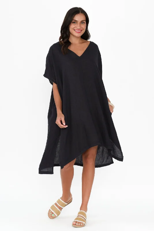Midi dresses with off - the - shoulder necklines for a flirty look Oraya Navy Linen Kaftan