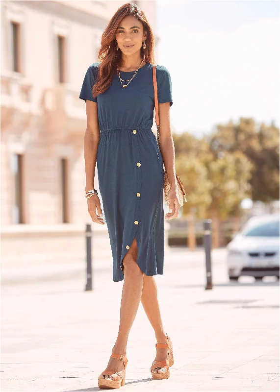 Midi dresses with asymmetric hems for a fashion - forward and dynamic appearance Button Detail Midi Dress - Blue Midi dresses with asymmetric hems for a fashion - forward and dynamic appearance Button Detail Midi Dress - Blue