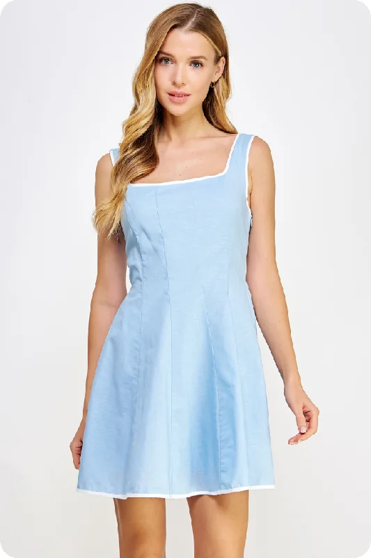 Mini dresses with keyhole necklines Ruby Trim Mini Dress in Chambray