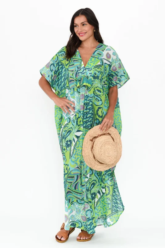 Midi dresses with printed lining for a hidden and stylish detail Isla Green Wave Cotton Kaftan Midi dresses with printed lining for a hidden and stylish detail Isla Green Wave Cotton Kaftan