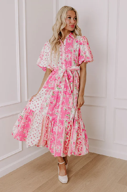 Midi dresses with patchwork patterns for a one - of - a - kind style Love-Struck Floral Midi Dress in Pink Midi dresses with patchwork patterns for a one - of - a - kind style Love-Struck Floral Midi Dress in Pink