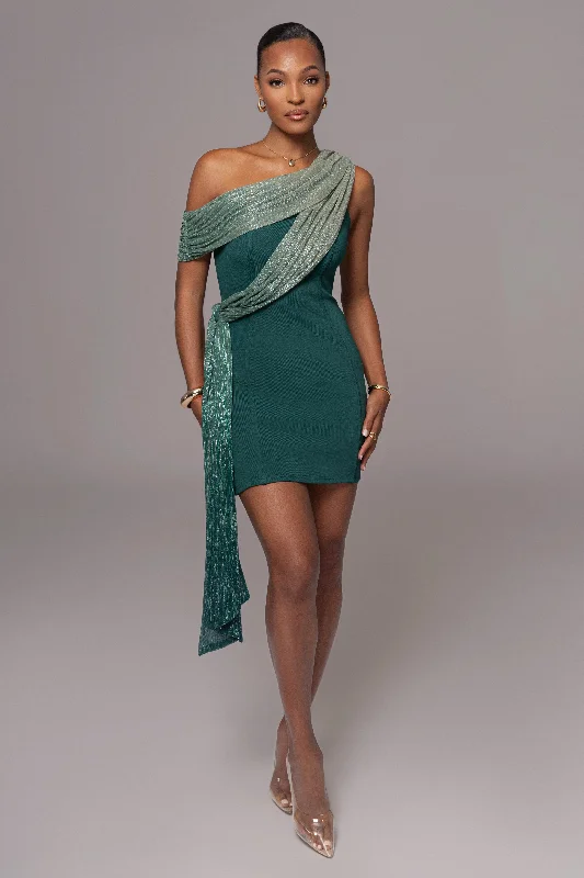 Mini dresses with fringe for a bohemian style Green Asymmetric Drape Mini Dress