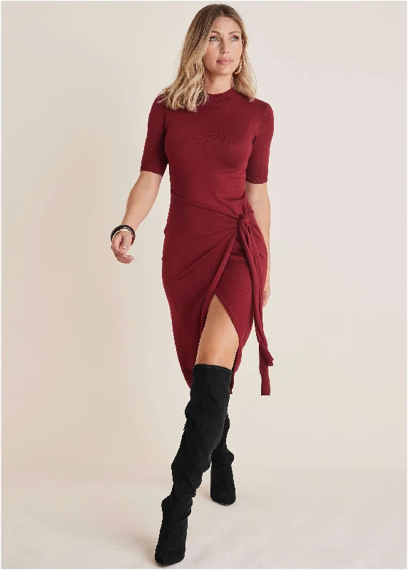 Midi dresses with tassel accents for a bohemian and free - spirited style Tie Side Sweater Dress - Wine Midi dresses with tassel accents for a bohemian and free - spirited style Tie Side Sweater Dress - Wine