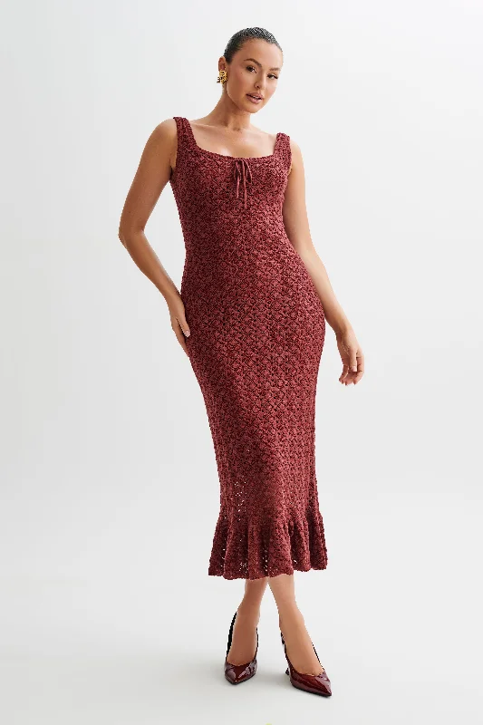 Midi dresses with lace - up fronts for a unique and adjustable style Sylvie Frill Knit Midi Dresses - Wine Midi dresses with lace - up fronts for a unique and adjustable style Sylvie Frill Knit Midi Dresses - Wine