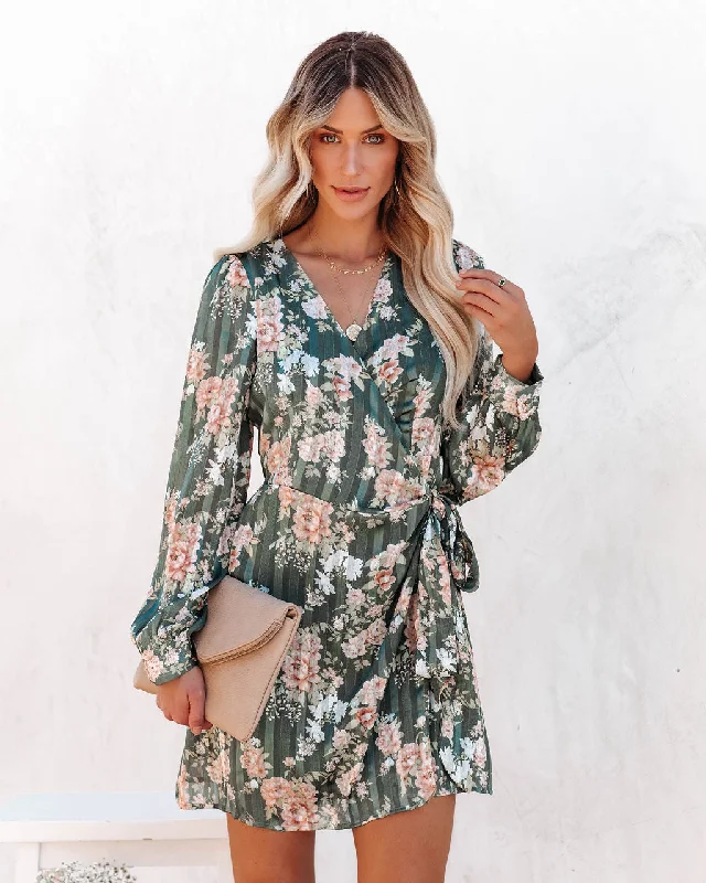 Mini dresses with ruched bodices for a feminine touch Ezabella Floral Shimmer Wrap Dress - Green Mini dresses with ruched bodices for a feminine touch Ezabella Floral Shimmer Wrap Dress - Green
