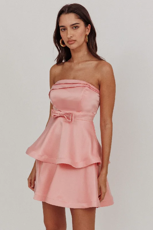 Satin mini dresses for a luxurious feel Alix Strapless Tiered Ruffle Mini Dress Rose Pink Satin mini dresses for a luxurious feel Alix Strapless Tiered Ruffle Mini Dress Rose Pink