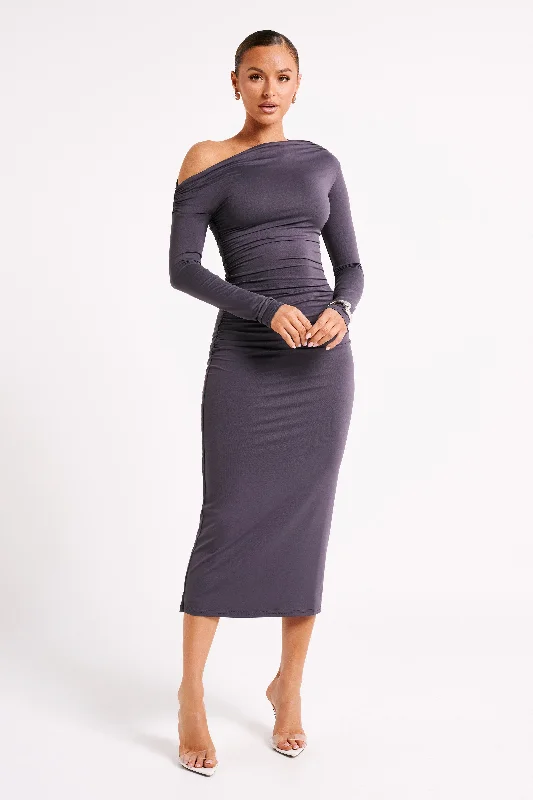 Midi dresses with wrap - around skirts for a customizable fit Christabel Recycled Nylon Ruched Midi Dress - Charcoal Midi dresses with wrap - around skirts for a customizable fit Christabel Recycled Nylon Ruched Midi Dress - Charcoal