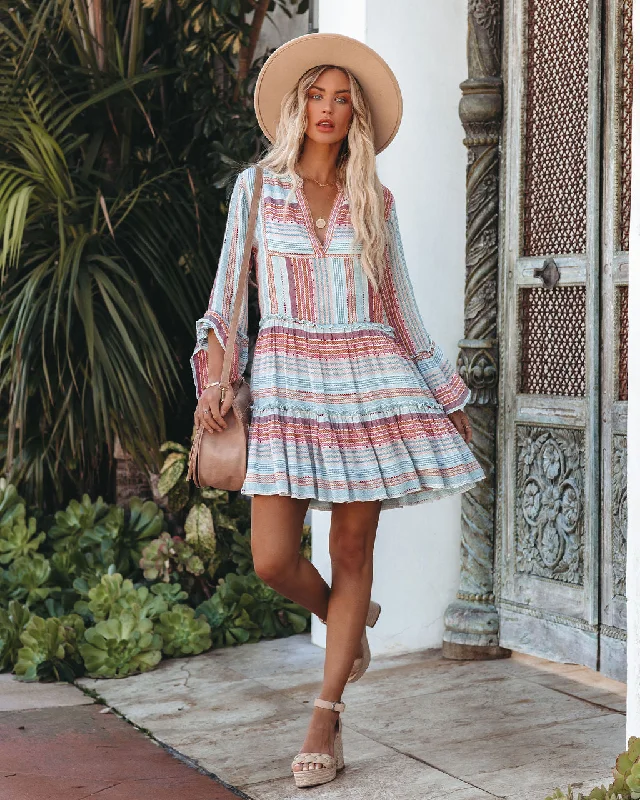 Mini dresses with V - necklines for a flattering shape Ezzy Tiered Bell Sleeve Babydoll Dress