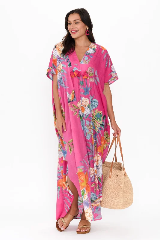 Midi dresses with ruffled hems for a romantic date night Isla Pink Bird Cotton Kaftan Midi dresses with ruffled hems for a romantic date night Isla Pink Bird Cotton Kaftan