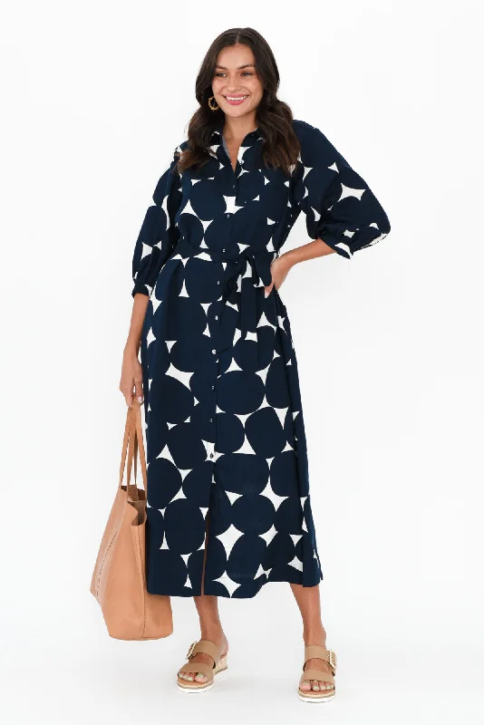 Midi dresses with animal prints for a bold and confident appearance Demi Navy Spot Linen Blend Tie Dress Midi dresses with animal prints for a bold and confident appearance Demi Navy Spot Linen Blend Tie Dress