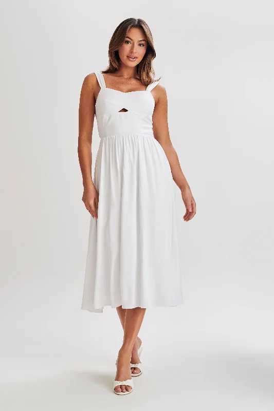 Midi dresses with ruffled sleeves for a more feminine and voluminous look Thandi Midi Dress With Back Tie - White Midi dresses with ruffled sleeves for a more feminine and voluminous look Thandi Midi Dress With Back Tie - White