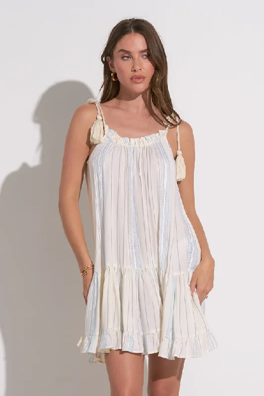 Mini dresses with tiered skirts for added volume Blossom Gauze Stripe Mini Dress in Ivory Blue Mini dresses with tiered skirts for added volume Blossom Gauze Stripe Mini Dress in Ivory Blue