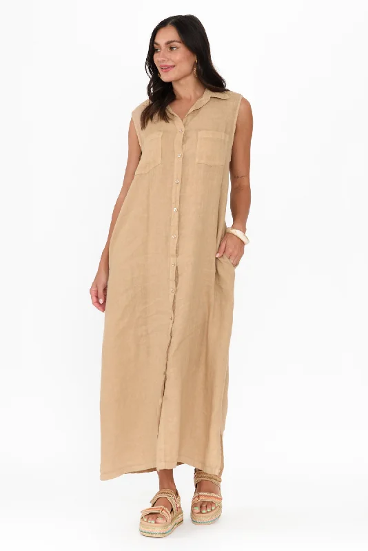 Midi dresses with satin - finish fabrics for a luxurious feel Perla Mocha Linen Button Dress Midi dresses with satin - finish fabrics for a luxurious feel Perla Mocha Linen Button Dress
