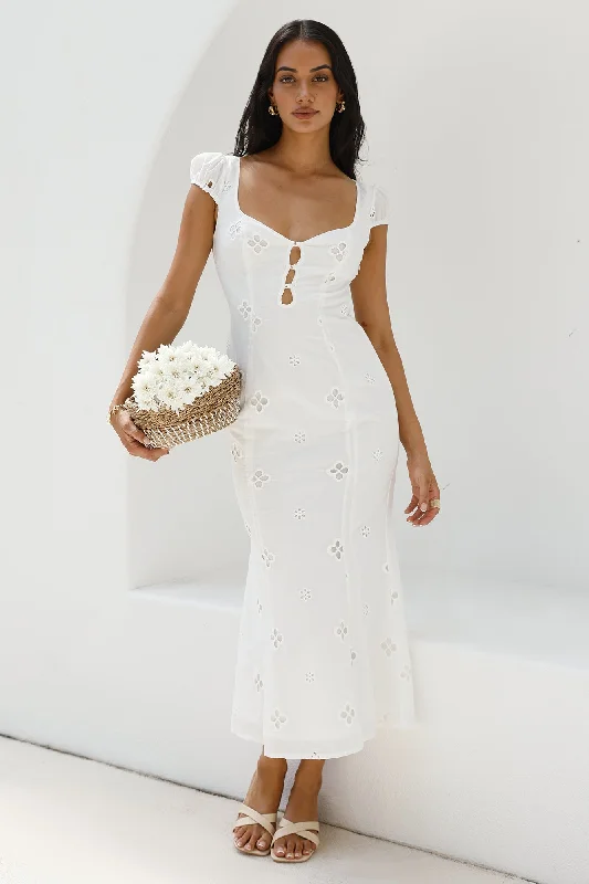 Midi dresses with pom - pom trims for a playful and festive look Vintage Song Midi Dress White Midi dresses with pom - pom trims for a playful and festive look Vintage Song Midi Dress White