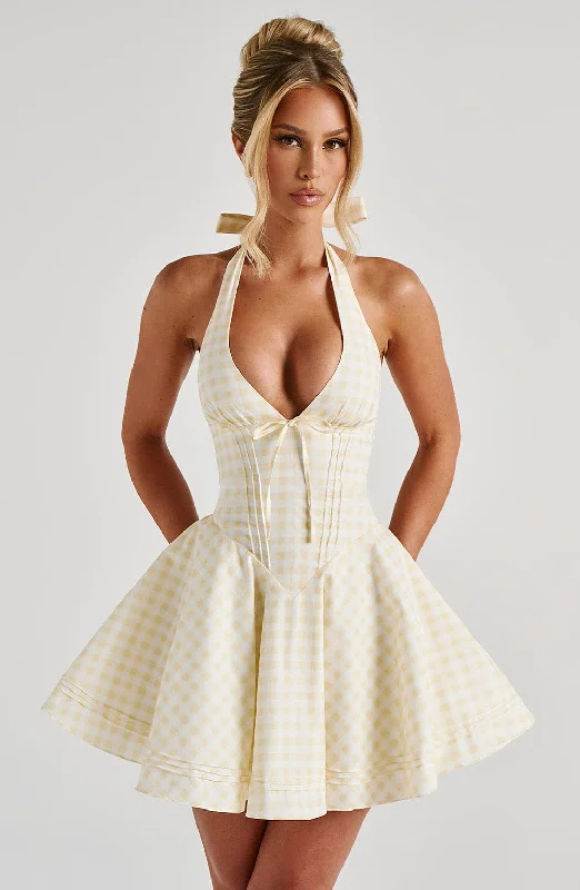 Mini dresses with ribbed textures for a unique appearance Doris Mini Dress - Lemon Gingham Mini dresses with ribbed textures for a unique appearance Doris Mini Dress - Lemon Gingham
