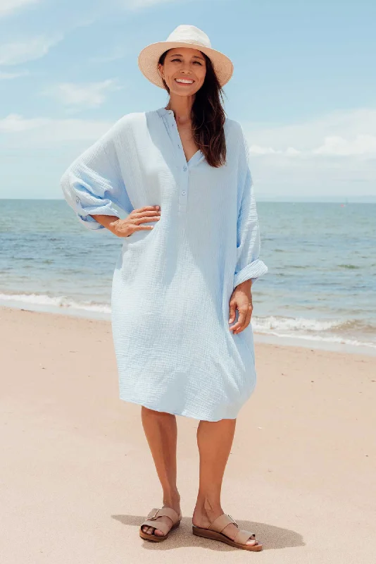 Midi dresses with one - shoulder designs for a modern and asymmetric style Tropez Blue Cotton Cheesecloth Kaftan Midi dresses with one - shoulder designs for a modern and asymmetric style Tropez Blue Cotton Cheesecloth Kaftan