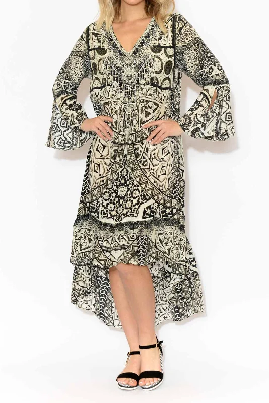Midi dresses with ruffled bodices for a more pronounced feminine look Flora Grey Silk Frill Dress Midi dresses with ruffled bodices for a more pronounced feminine look Flora Grey Silk Frill Dress
