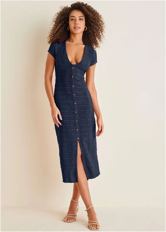 Midi dresses with button - down skirts for a unique and functional design Linen Midi Dress - Navy Midi dresses with button - down skirts for a unique and functional design Linen Midi Dress - Navy