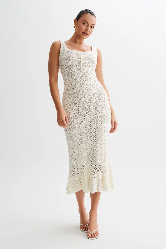 Sheath midi dresses with beaded embellishments for a formal occasion Sylvie Frill Knit Midi Dresses - Ivory Sheath midi dresses with beaded embellishments for a formal occasion Sylvie Frill Knit Midi Dresses - Ivory