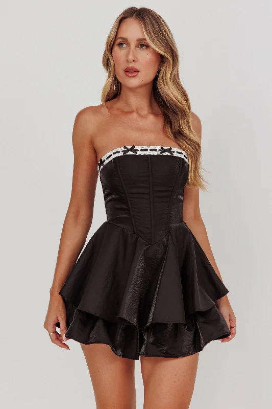 Mini dresses with fringe for a bohemian style Paris Muse Ribbon Neckline Romper Black Mini dresses with fringe for a bohemian style Paris Muse Ribbon Neckline Romper Black