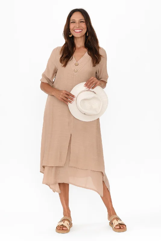 Midi dresses with button - front designs for a classic touch Nala Beige Layers Dress Midi dresses with button - front designs for a classic touch Nala Beige Layers Dress