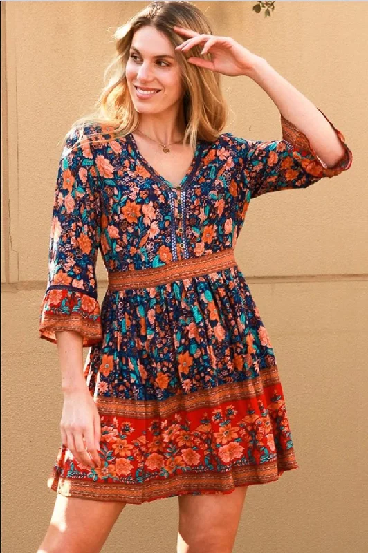 Mini dresses with gathered skirts for a voluminous effect Deshon Printed Button Down Tassel Dress - Orange Mini dresses with gathered skirts for a voluminous effect Deshon Printed Button Down Tassel Dress - Orange