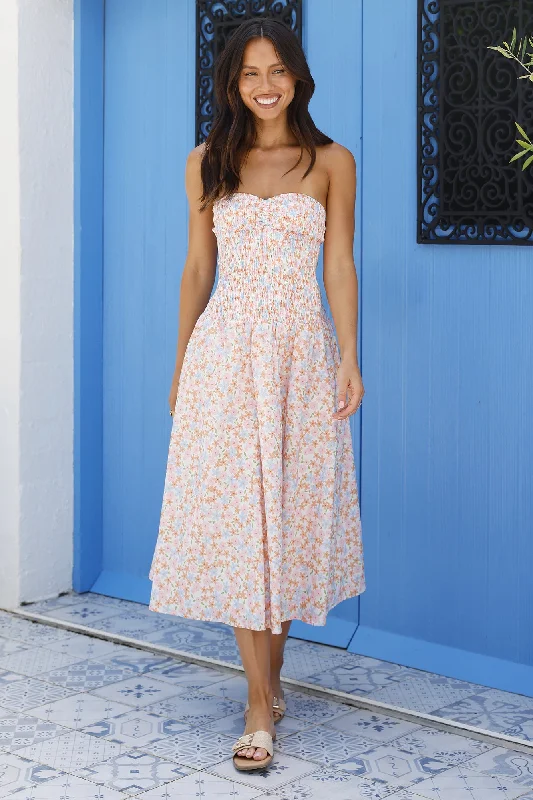 A - line midi dresses with floral prints for spring brunches Summer Pop Strapless Midi Dress Pink A - line midi dresses with floral prints for spring brunches Summer Pop Strapless Midi Dress Pink