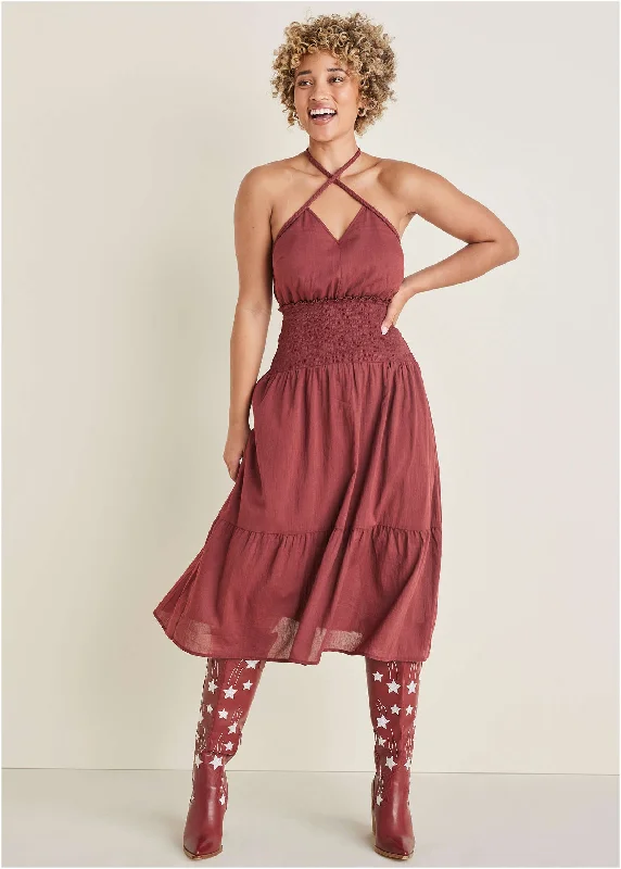 Midi dresses with mesh inserts for a trendy and breathable option Halter Midi Dress - Auburn Midi dresses with mesh inserts for a trendy and breathable option Halter Midi Dress - Auburn