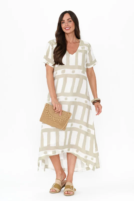 Midi dresses with ruffled sleeves for a more feminine and voluminous look Posie Beige Geo Linen Tee Dress Midi dresses with ruffled sleeves for a more feminine and voluminous look Posie Beige Geo Linen Tee Dress