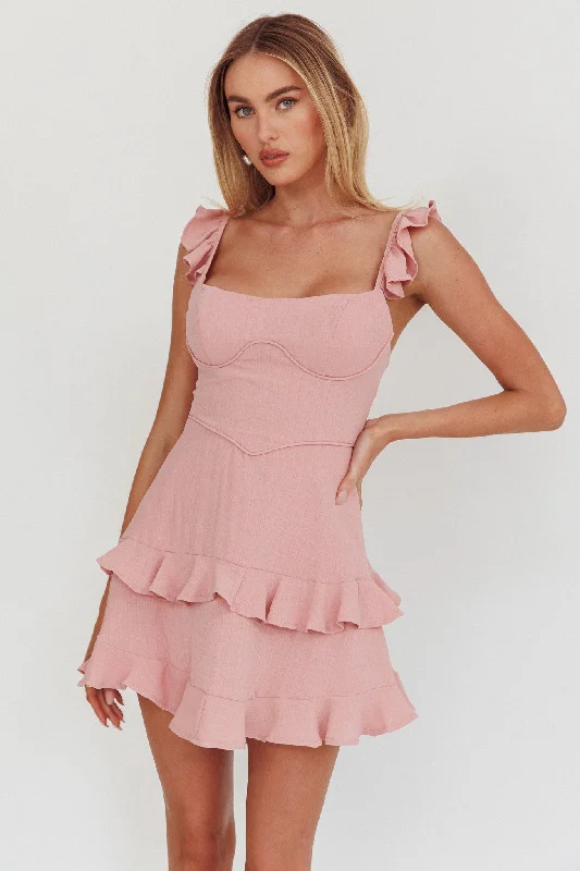 Mini dresses with button - down fronts Moonlit Moment Ruffle Trim Piping Detail Lace-Up Back Dress Dusty Rose Mini dresses with button - down fronts Moonlit Moment Ruffle Trim Piping Detail Lace-Up Back Dress Dusty Rose