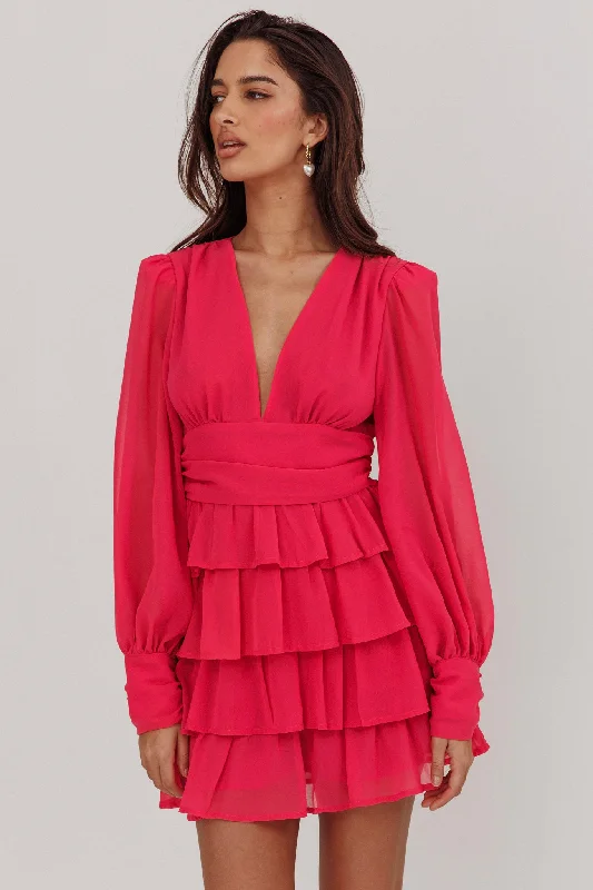 Metallic mini dresses for a glamorous event Dalisa Long Sleeve Ruffle Mini Dress Fuchsia Metallic mini dresses for a glamorous event Dalisa Long Sleeve Ruffle Mini Dress Fuchsia