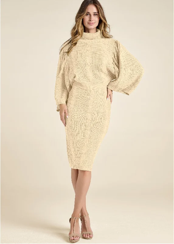 Midi dresses with gathered skirts for a full and flowing silhouette Two-Piece Sweater Dress - Beige Midi dresses with gathered skirts for a full and flowing silhouette Two-Piece Sweater Dress - Beige