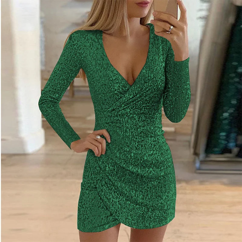 Mini dresses with one - shoulder designs Entertainment Sequin Wrap Dress - Green - FINAL SALE Mini dresses with one - shoulder designs Entertainment Sequin Wrap Dress - Green - FINAL SALE