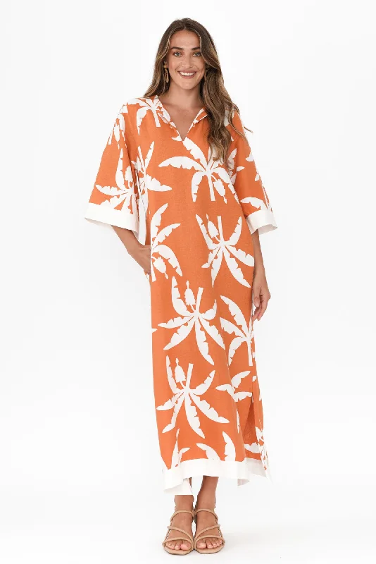 Plaid midi dresses for a fall - themed family gathering Tessie Orange Tropical Linen Kaftan Plaid midi dresses for a fall - themed family gathering Tessie Orange Tropical Linen Kaftan