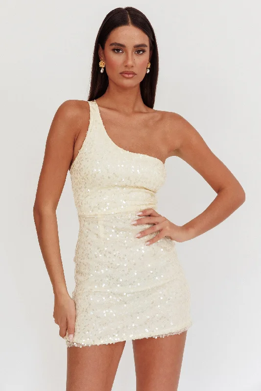 Ruffled mini dresses for a romantic touch Disco Baby One-Shoulder Sequin Mini Dress Nude Ruffled mini dresses for a romantic touch Disco Baby One-Shoulder Sequin Mini Dress Nude