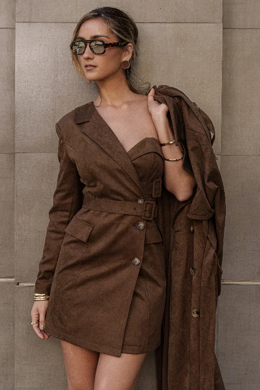 Mini dresses with pocket details for added functionality Chocolate One Shoulder Suede Blazer Dress Mini dresses with pocket details for added functionality Chocolate One Shoulder Suede Blazer Dress