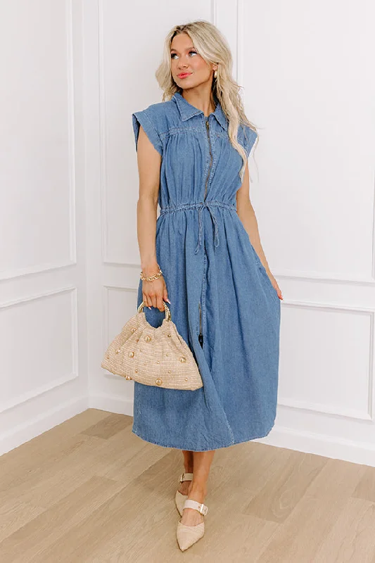 A - line midi dresses with floral prints for spring brunches Honeysuckle Dreams Chambray Midi Dress A - line midi dresses with floral prints for spring brunches Honeysuckle Dreams Chambray Midi Dress