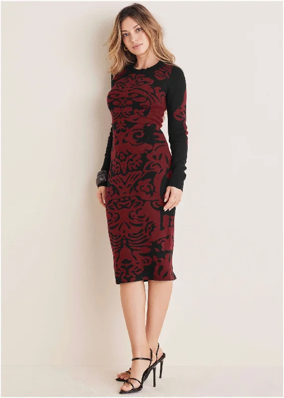 Midi dresses with satin - finish fabrics for a luxurious feel Printed Midi Sweater Dress - Black & Wine Midi dresses with satin - finish fabrics for a luxurious feel Printed Midi Sweater Dress - Black & Wine
