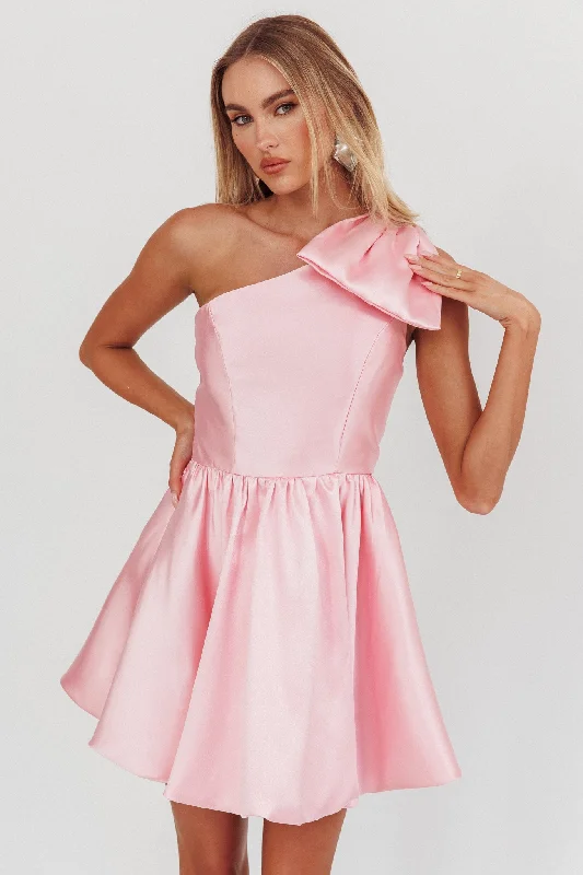 Mini dresses with bow accents for a sweet look Athens Shoulder Bow Bubble Hem Mini Dress Blush