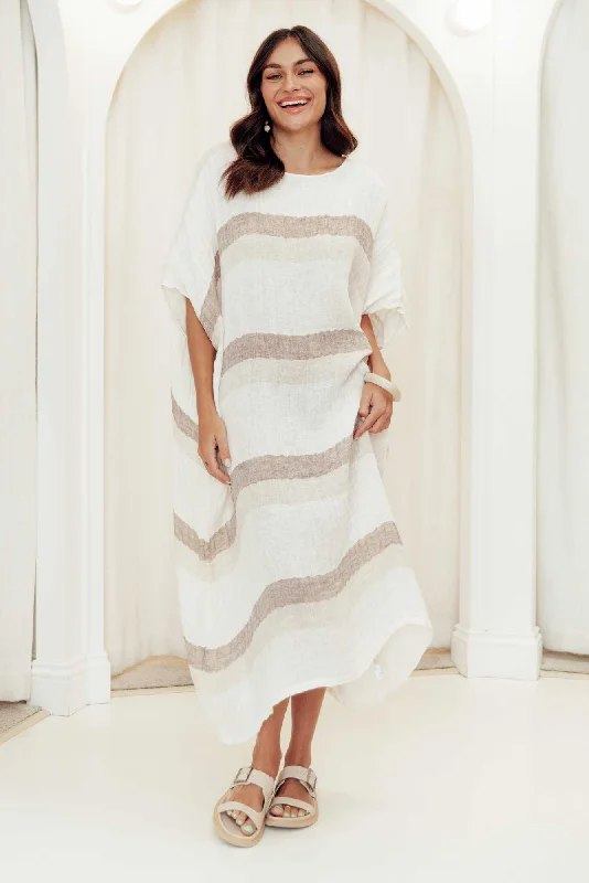 Midi dresses with side slits for a sexy and elegant appearance Brinley Beige Stripe Linen Dress Midi dresses with side slits for a sexy and elegant appearance Brinley Beige Stripe Linen Dress