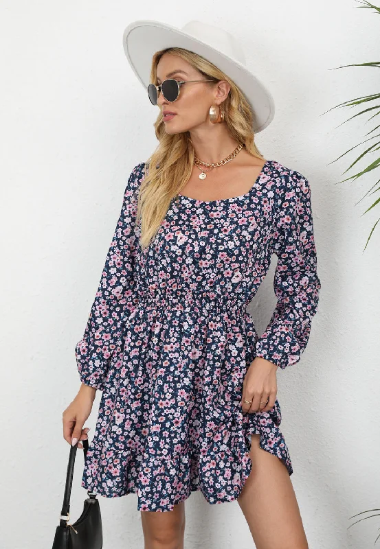 Polyester mini dresses for easy care Emilia Printed Square Neck Mini Dress - Navy Specks Polyester mini dresses for easy care Emilia Printed Square Neck Mini Dress - Navy Specks