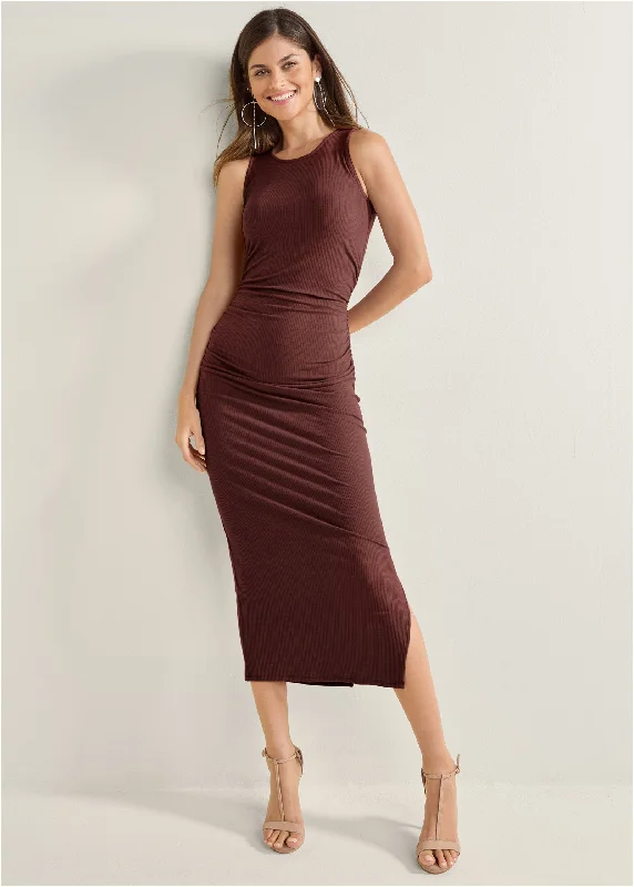 Midi dresses with metallic threads for a glamorous evening event Ribbed Bodycon Midi Dress - Auburn Midi dresses with metallic threads for a glamorous evening event Ribbed Bodycon Midi Dress - Auburn
