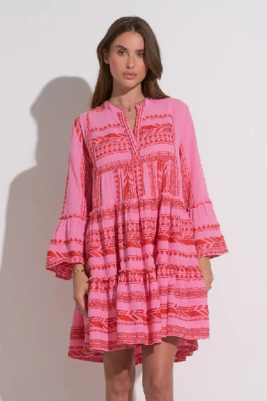 Ruffled mini dresses for a romantic touch Mika Linen Aztec Mini Dress in Pink Red