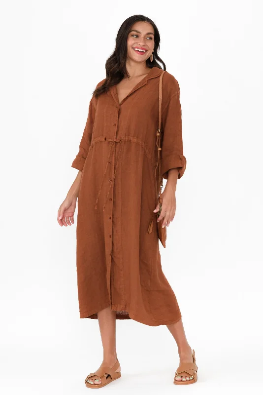 Midi dresses with puff sleeves for a vintage - inspired look Liesel Rust Linen Drawstring Dress Midi dresses with puff sleeves for a vintage - inspired look Liesel Rust Linen Drawstring Dress